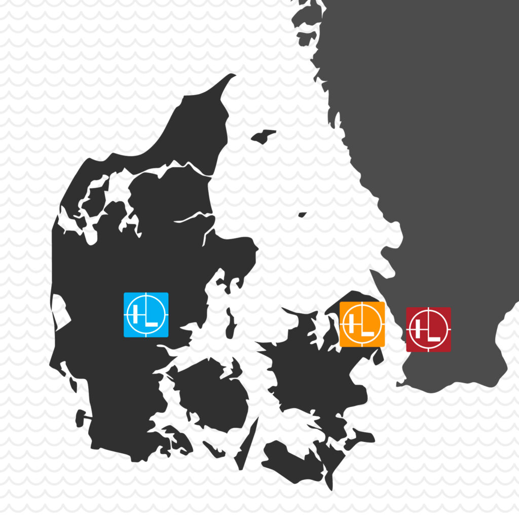 Kort over Danmark og en del af Sverige, hvor hl-repros tre afdelinger er vist